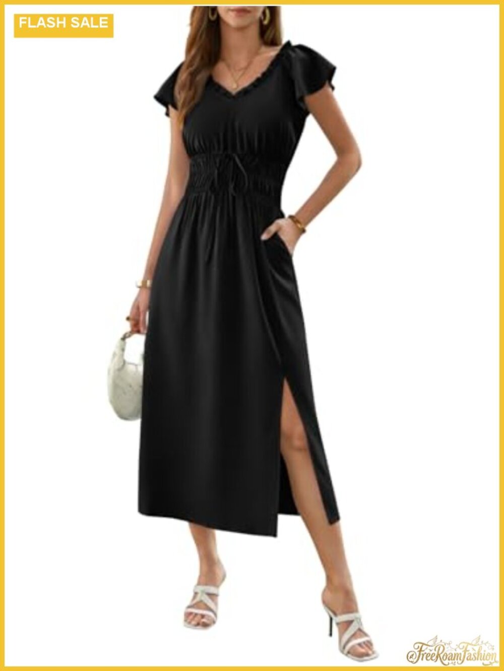 Boho Floral Midi Dress V Neck Ruffle Slit Pockets Vacation